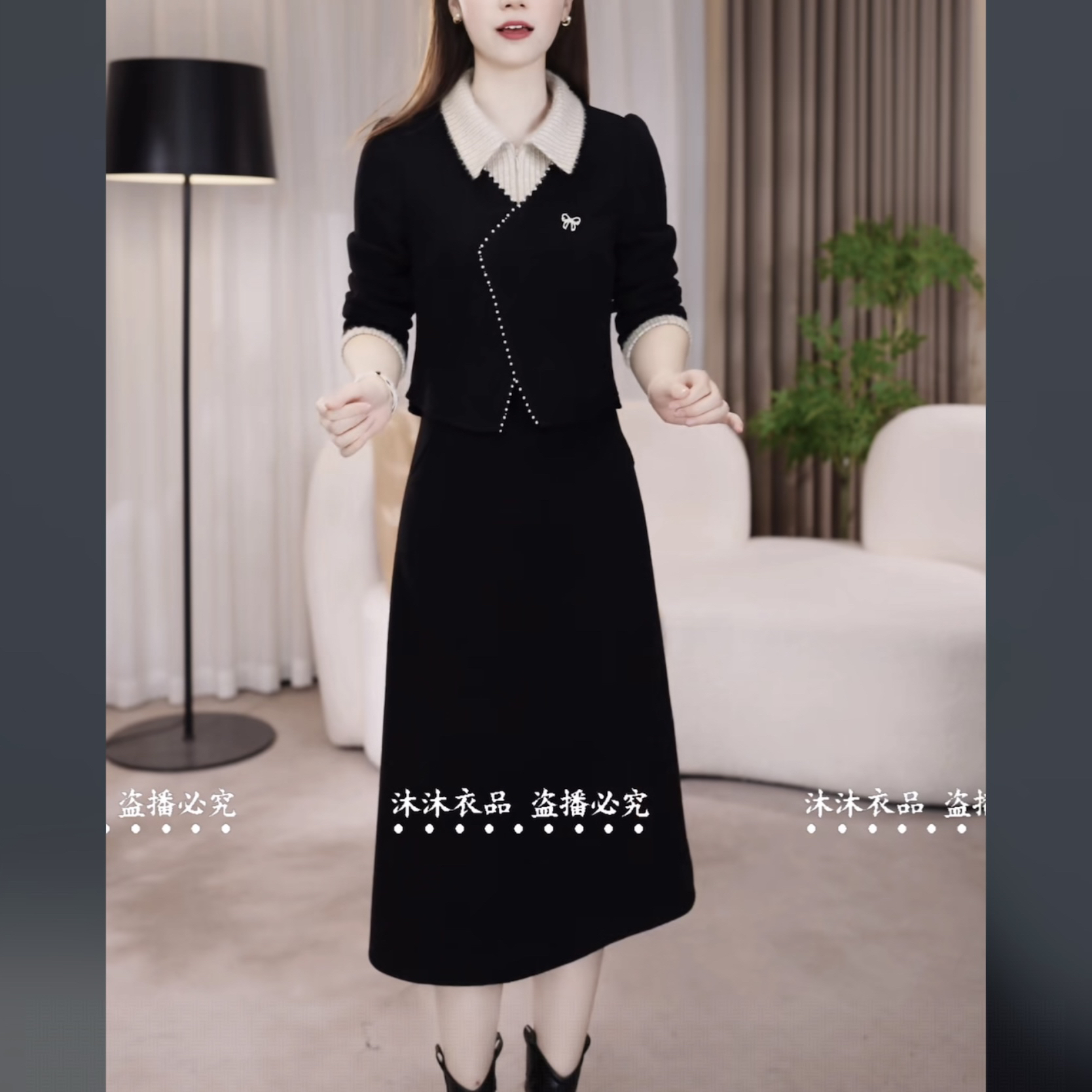 【连衣裙】小香风显瘦气质长袖拼接时尚名媛秋季小香风显瘦连衣裙