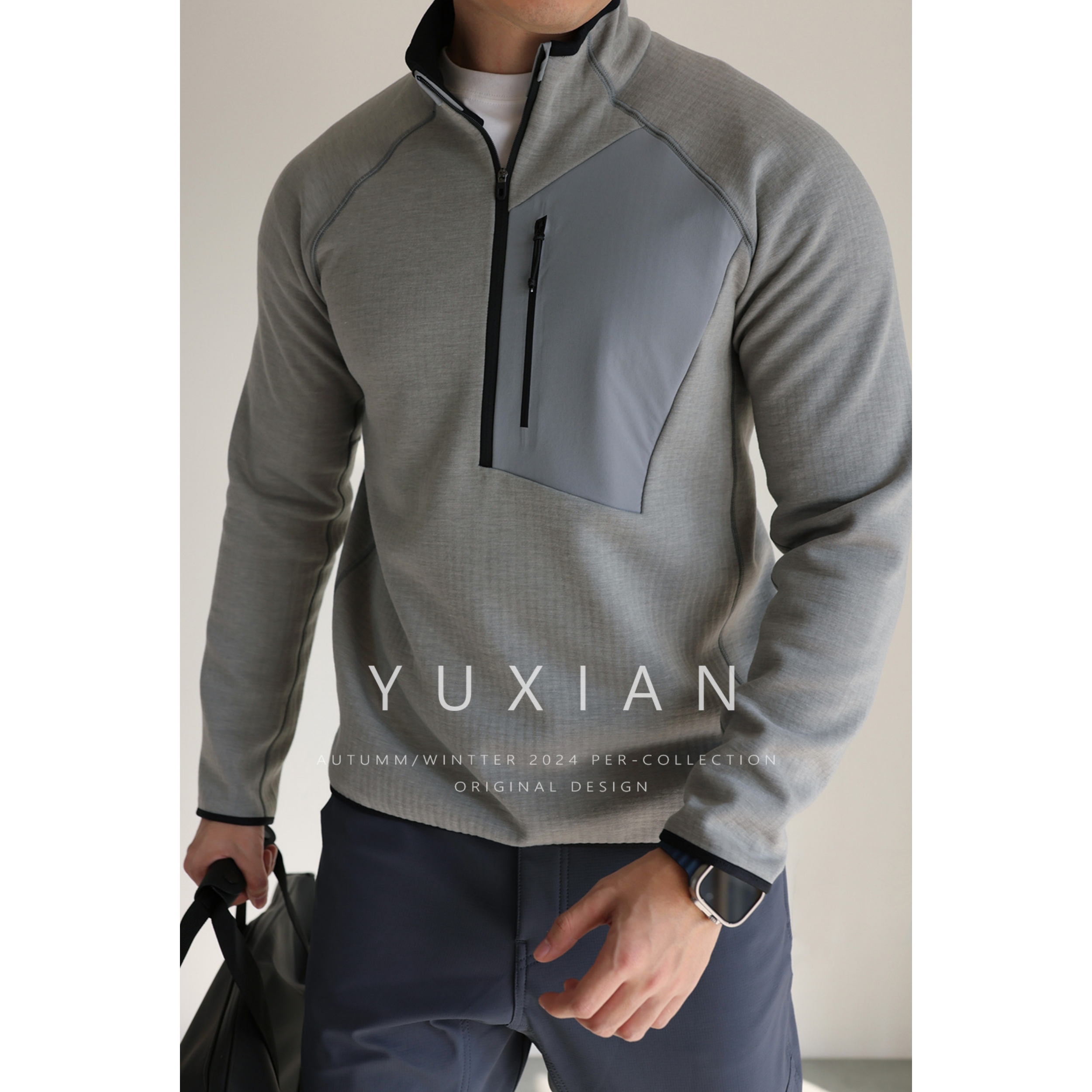 YUXIAN方格暖绒立领户外运动半拉链长袖卫衣抓绒弹力外套加厚冬季