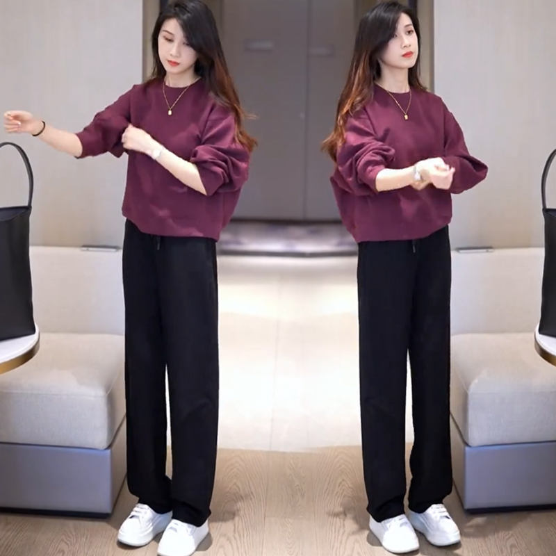 拉夏贝尔休闲时尚套装女秋季新款圆领卫衣阔腿裤运动服两件套装