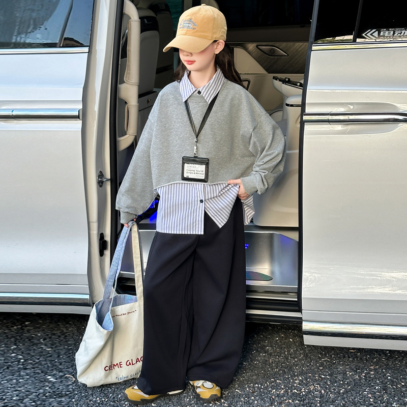 女童秋装套装2025新款儿童洋气假两件卫衣中大童宽松卫裤两件套潮