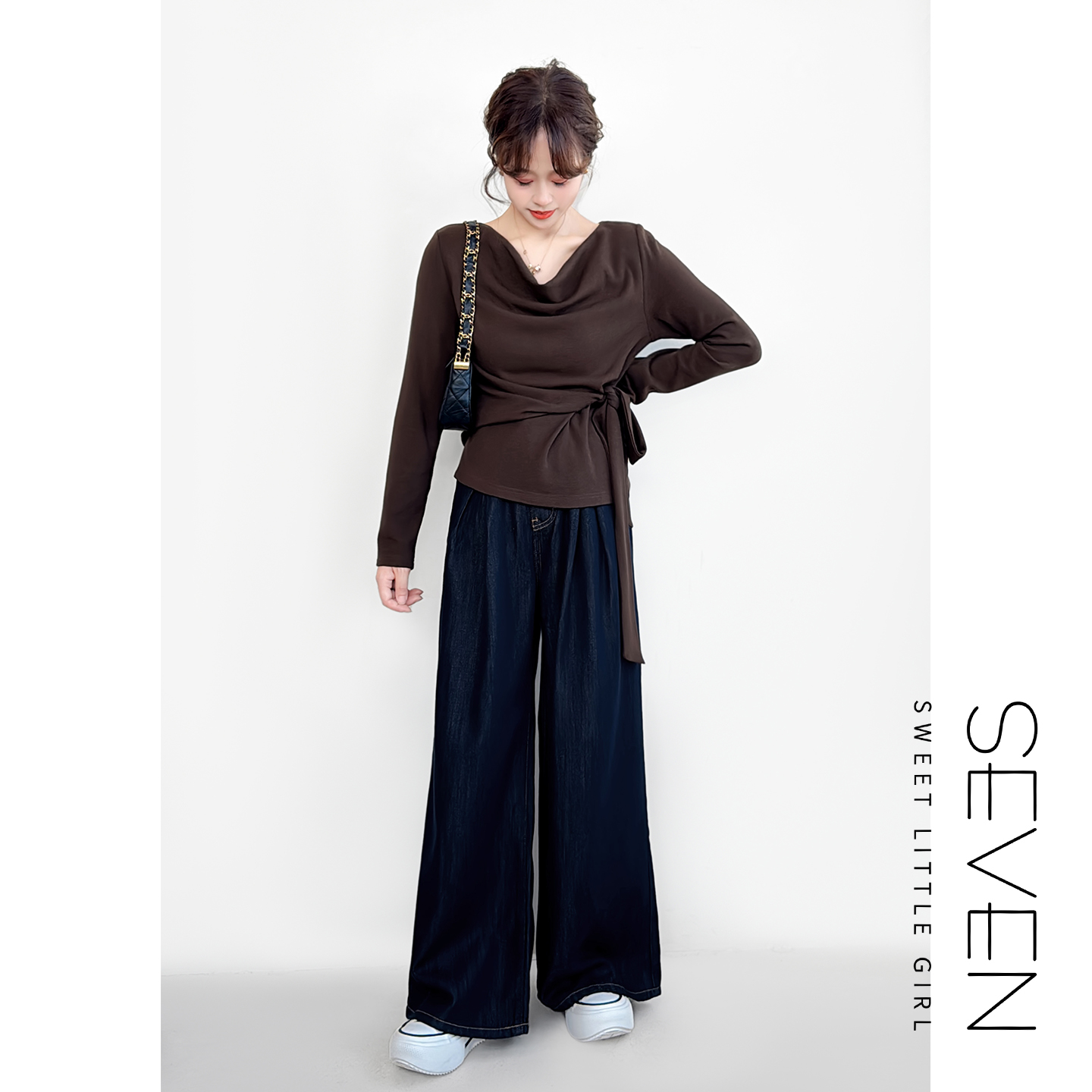 小波浪⑧七七146小个子设计感荡领长袖T恤女款收腰内搭上衣小美说