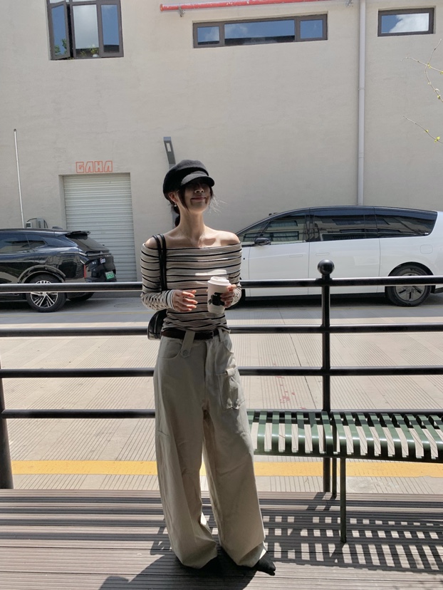 DX.DAXI【柏林秋日】法式露肩条纹修身上衣+宽松阔腿裤套装(配腰带)