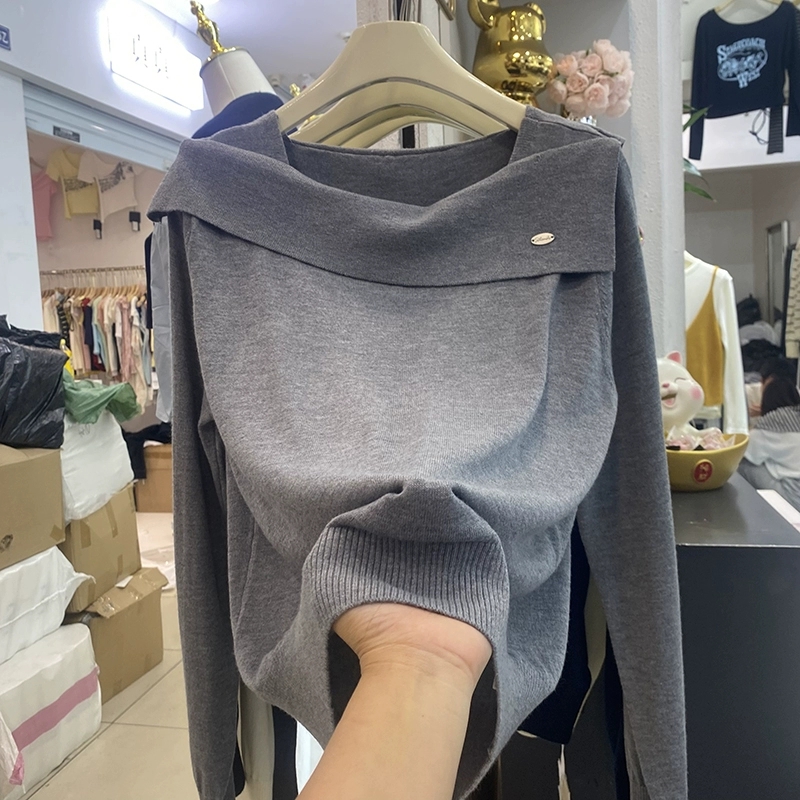 法式设计感一字领显瘦针织衫女秋新款气质温柔风减龄打底长袖上衣