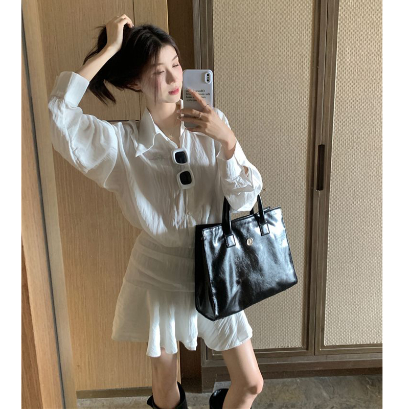 白色长袖衬衫连衣裙女假两件御姐裙子法式收腰荷叶边a字短裙森系