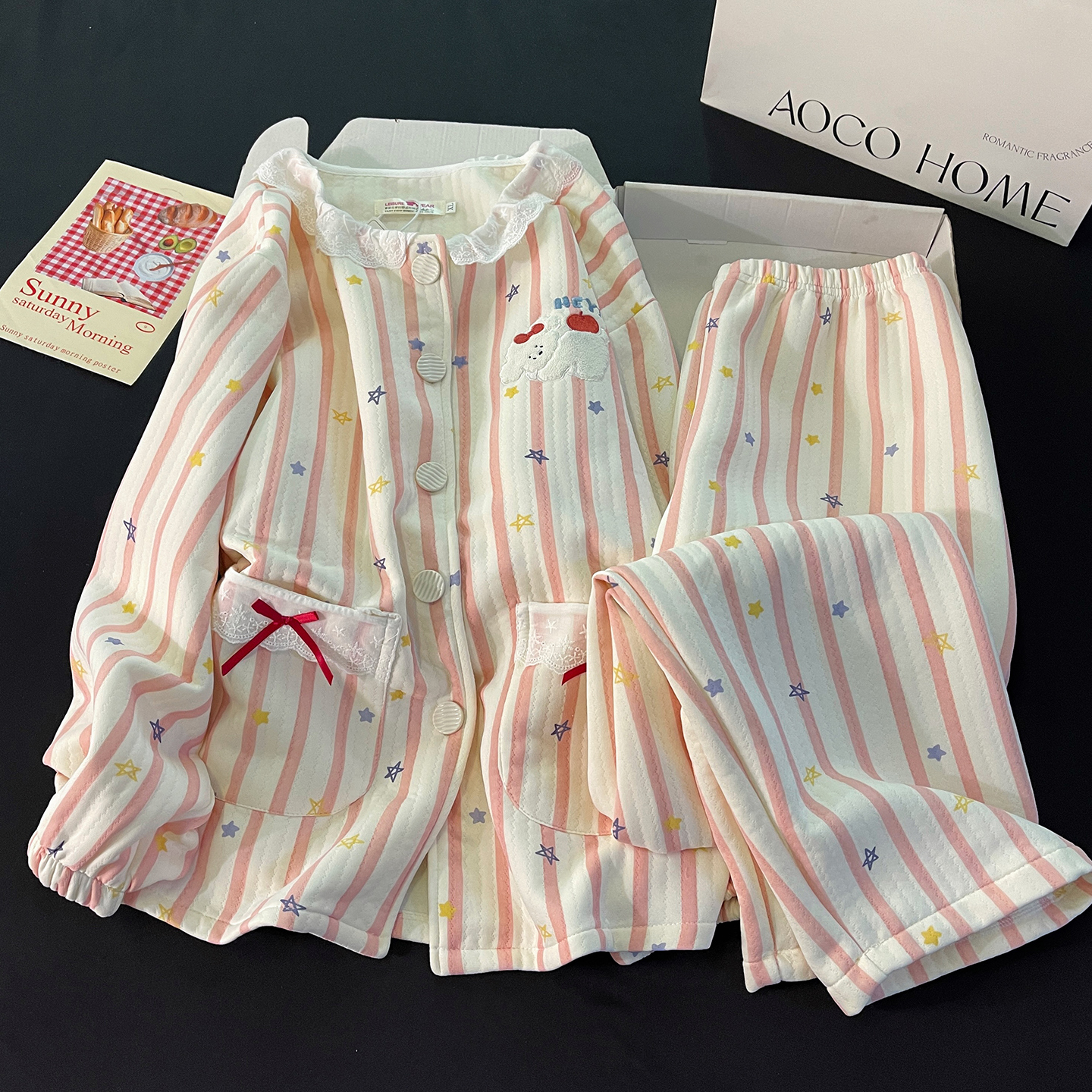 加厚保暖睡衣女秋冬季空气棉夹层条纹小狗长袖圆领宽松家居服套装