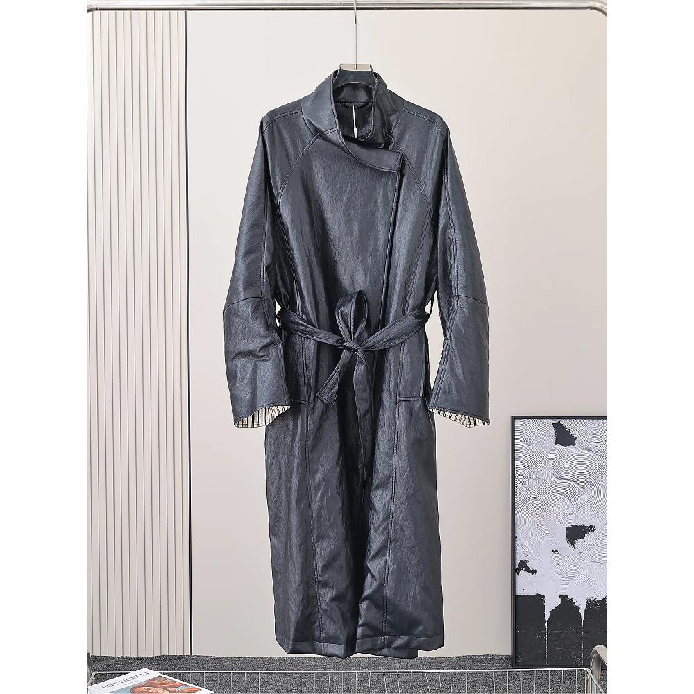 高端黑色蛋白皮长款御姐风皮衣外套女秋季新款气质立领系带皮大衣