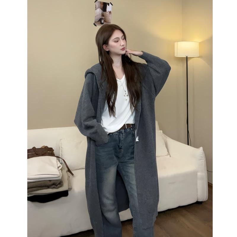 【原版清货+运费险】慵懒风网红休闲中长款针织开衫早秋连帽开衫