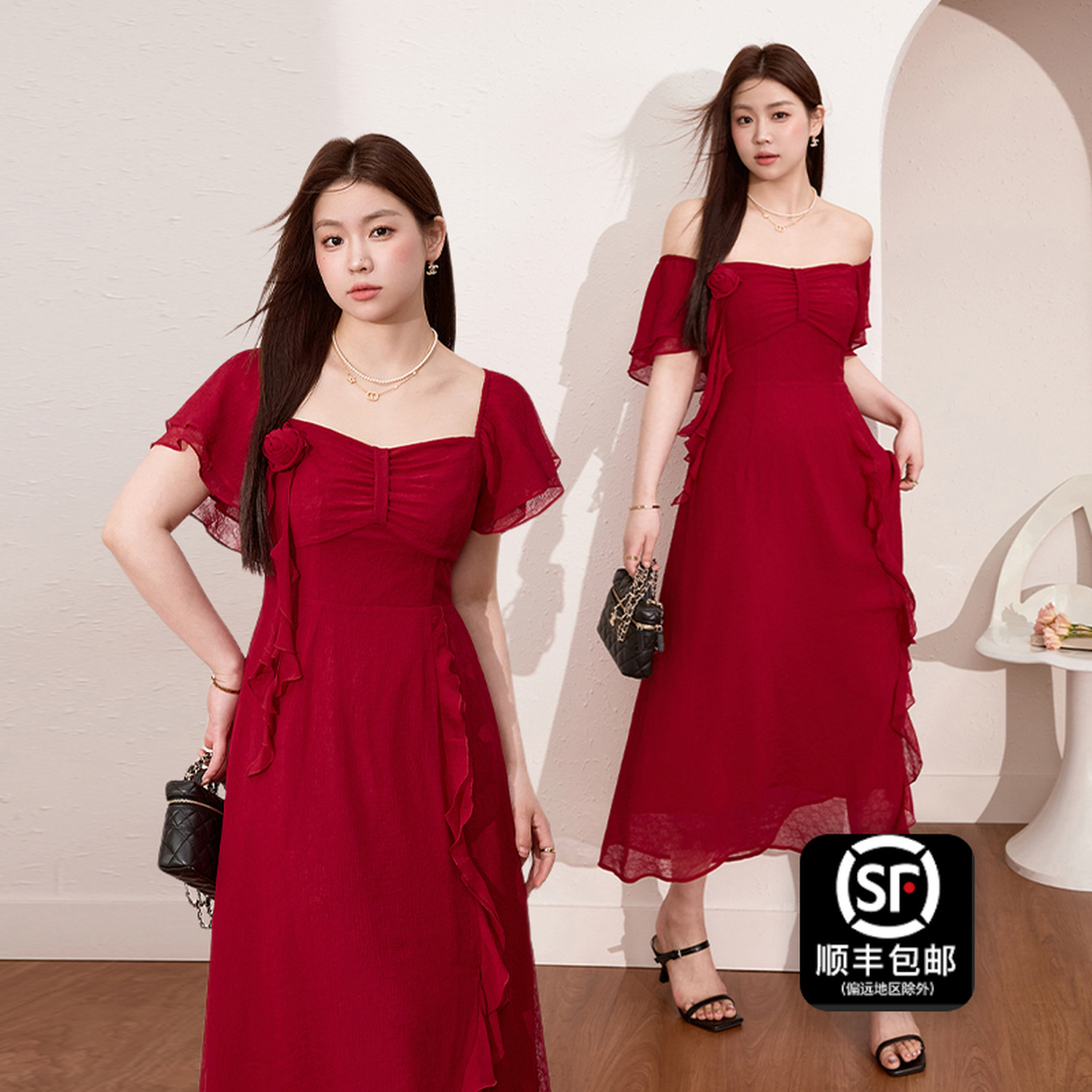 蓝语大码女装重要场合红色订婚礼服连衣裙夏季气质收腰显瘦长裙子