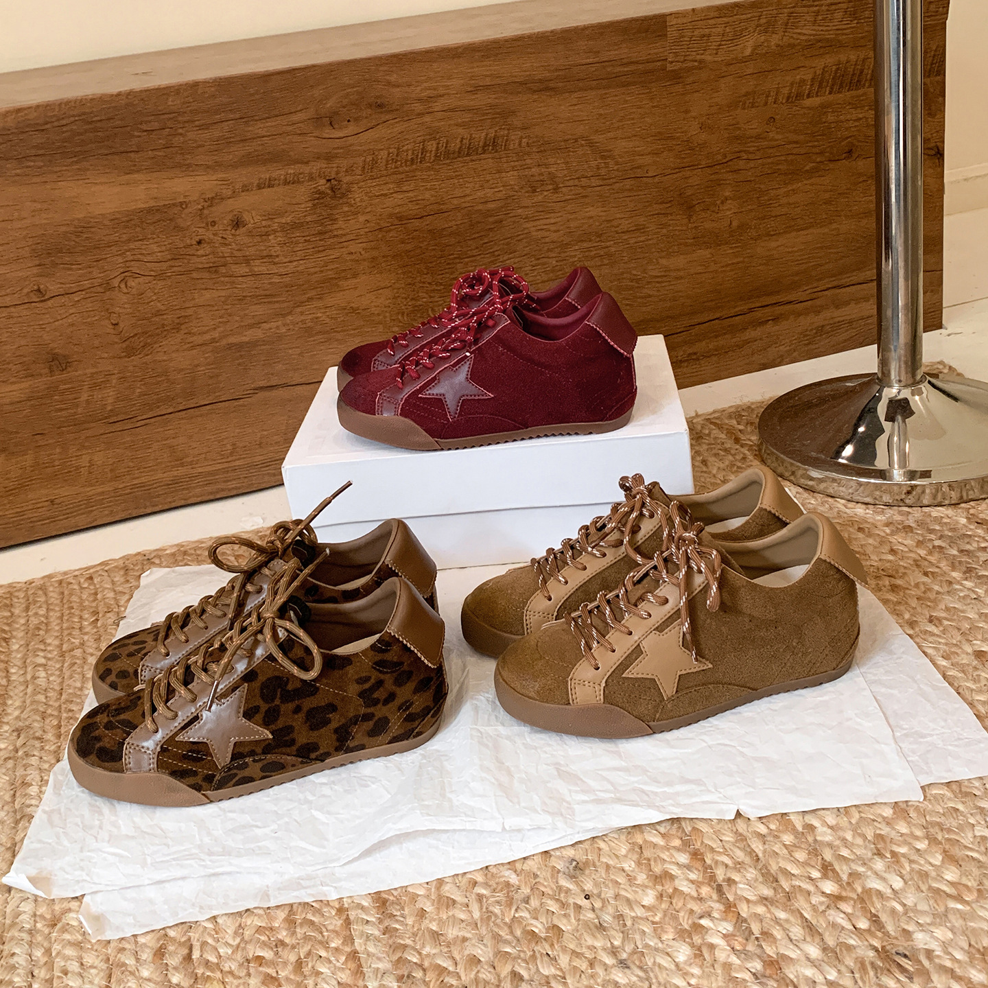 6cm增高复古做旧星星脏脏女秋冬新款圆头真皮拼色内增高女鞋