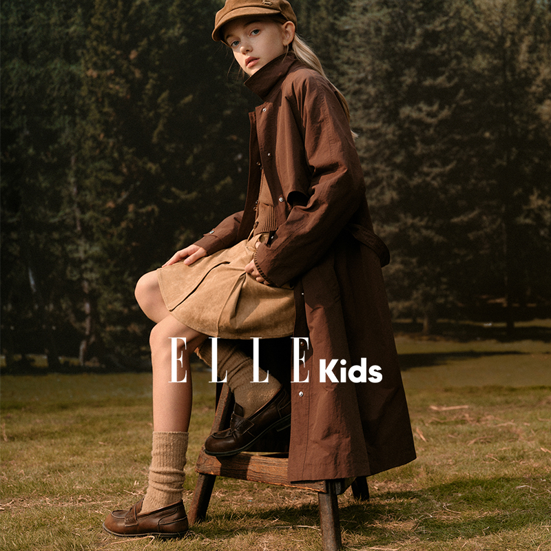 ELLE KIDS童装复古栗色插肩袖长风衣可露丽风廓形长款宽松修身Q3