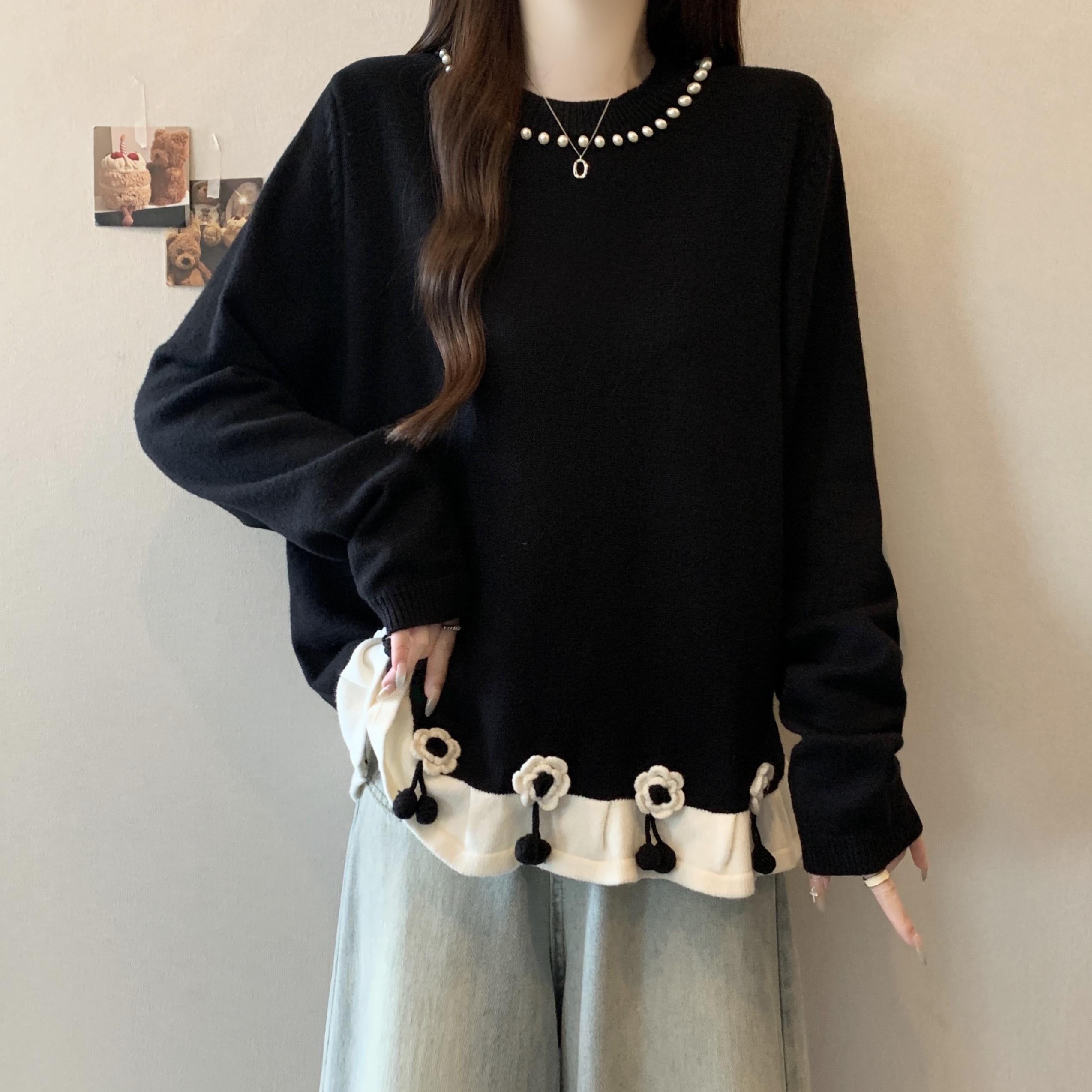 大码女装遮肚子荷叶边高级感长袖针织衫春秋胖mm显瘦正肩百搭上衣