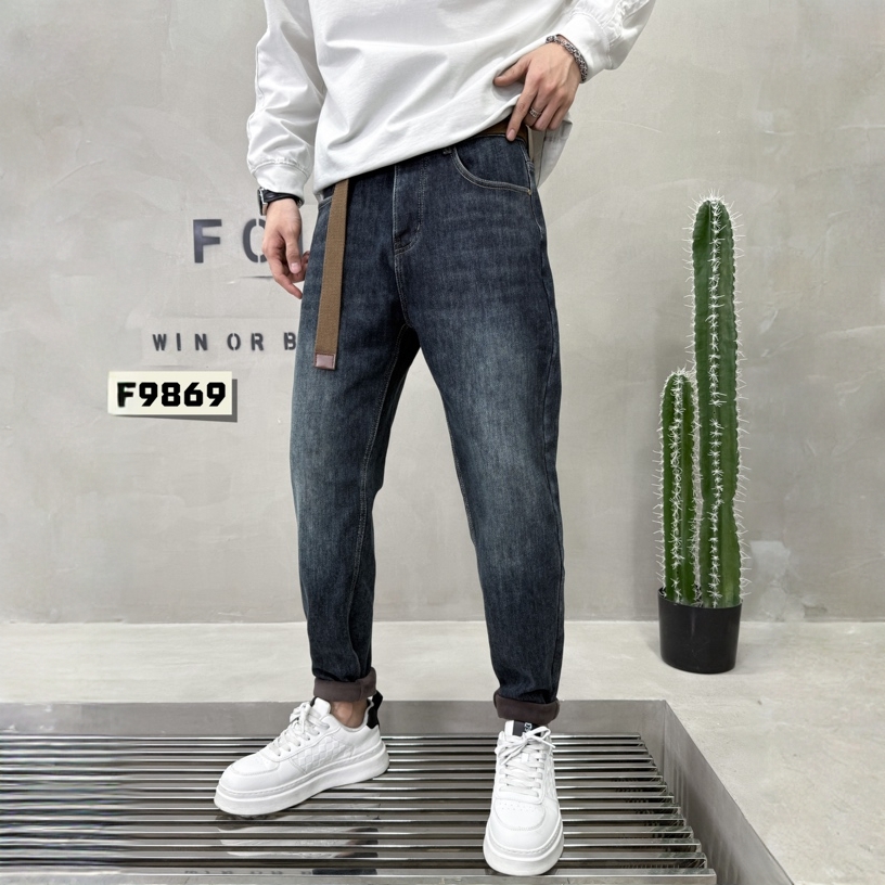 冬季新款加厚密密绒小直筒男士时尚百搭弹力水洗牛仔裤带腰带9869