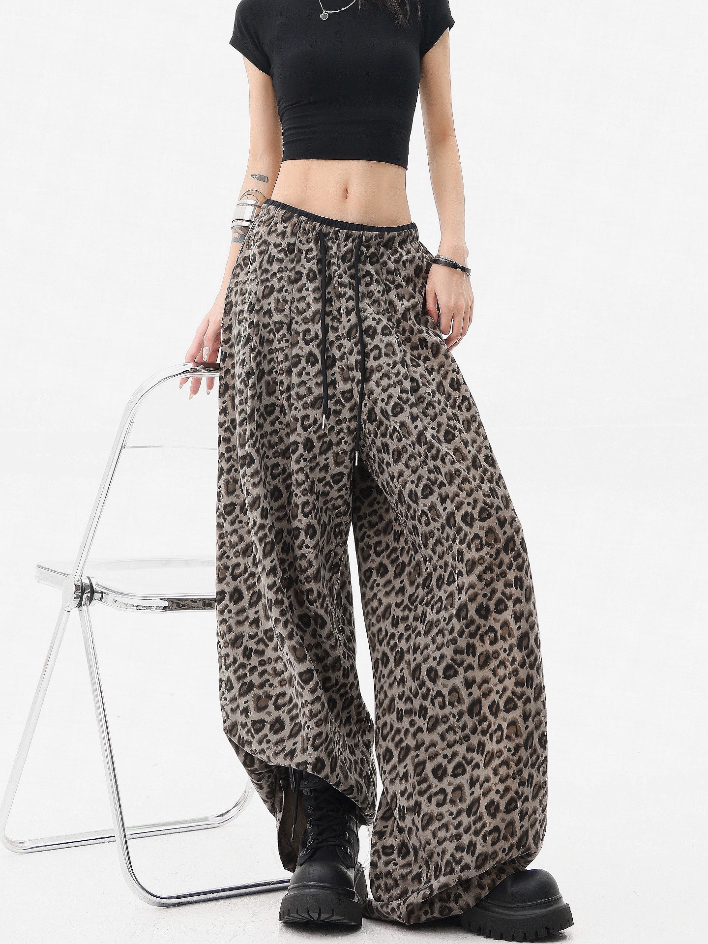 春夏秋季新款美式复古豹纹垂感裤女高腰宽松显瘦阔腿裤夏季裤子
