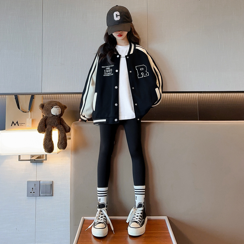 女童潮酷棒球服运动风中大童秋季新款2025韩版春秋插肩袖休闲夹克