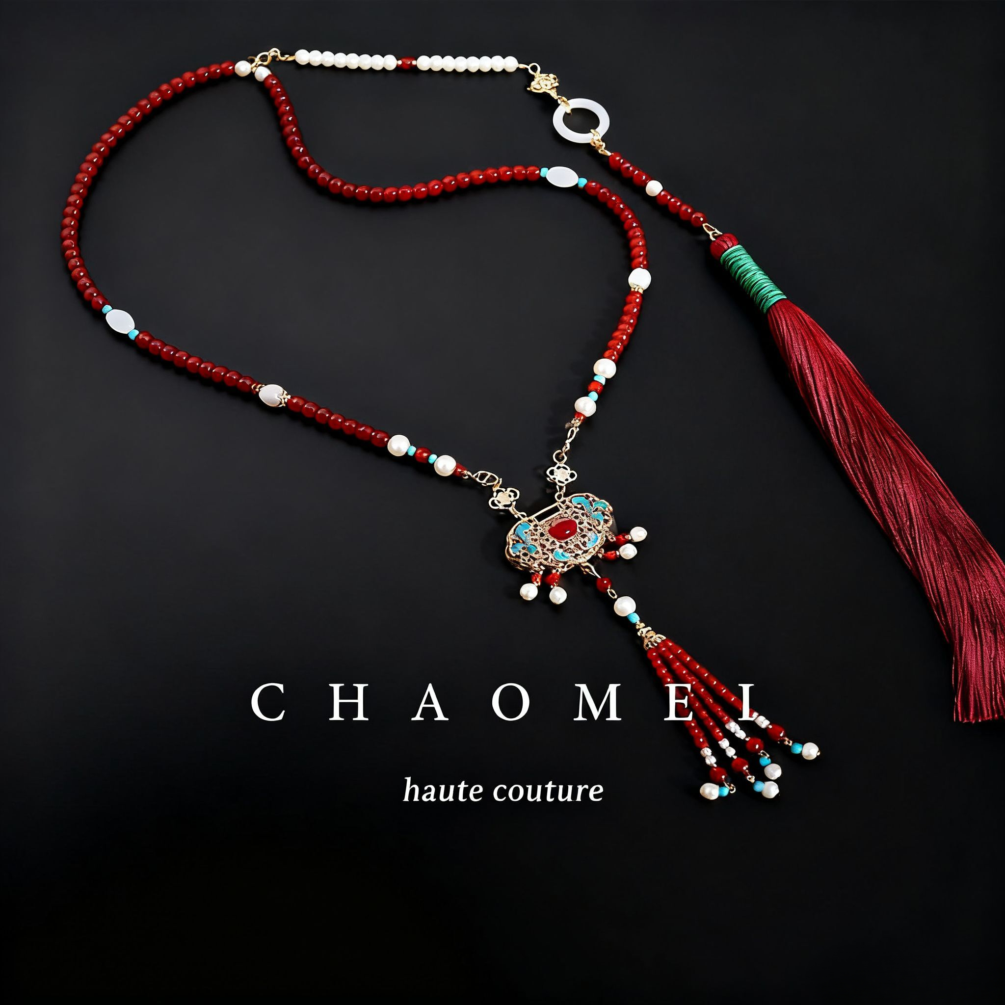 合金琉璃项链 OJ古风项链长璎珞流苏背云明制汉服订婚红色新中式