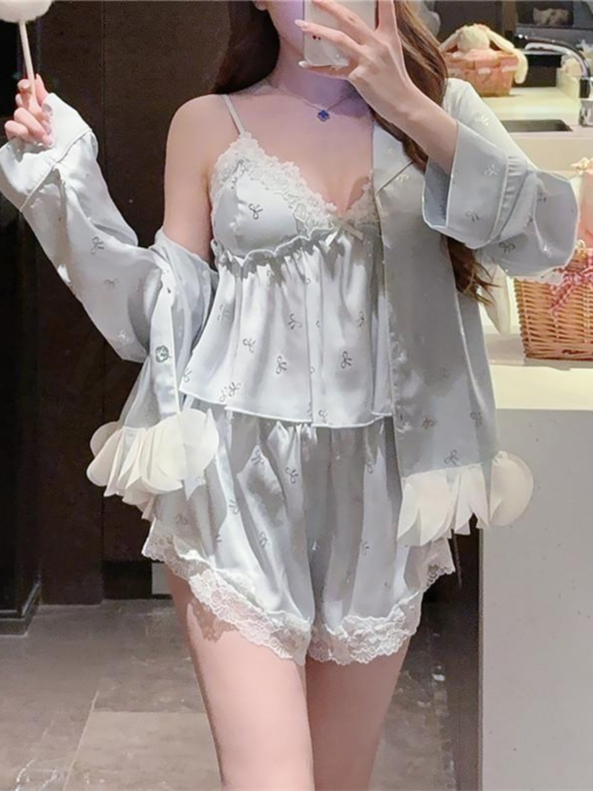 春秋季新款纯欲冰丝睡衣女带胸垫性感吊带开衫四件套家居服套装