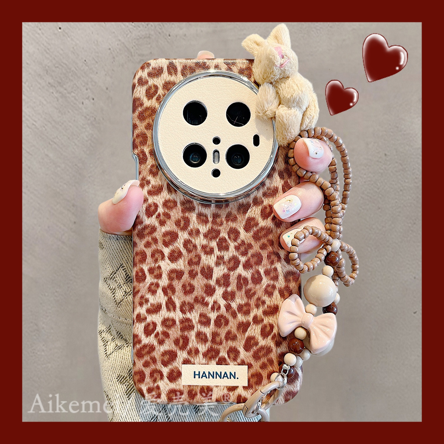 适用华为mate70pro+手机壳皮质大视窗Mate60pro+棕色豹纹兔子链条