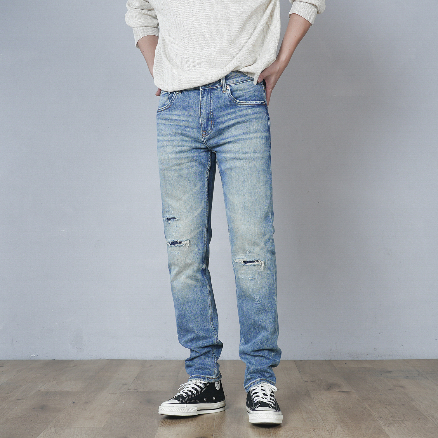 DIPAI/底牌【修身小直筒】13盎司秋冬破洞补丁工艺水洗蓝色牛仔裤男