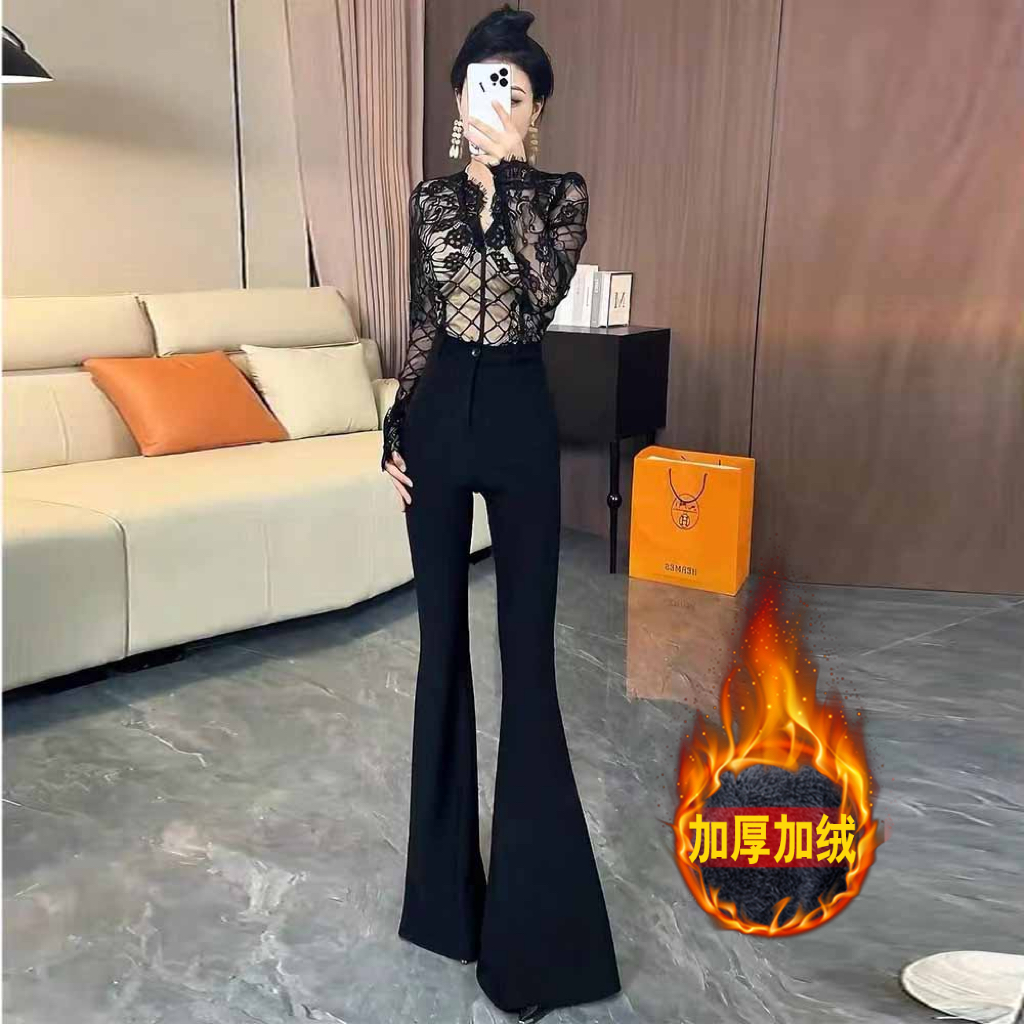 新款加绒西装喇叭裤裤女2025秋冬设计感高腰垂感显瘦喇叭裤6738#