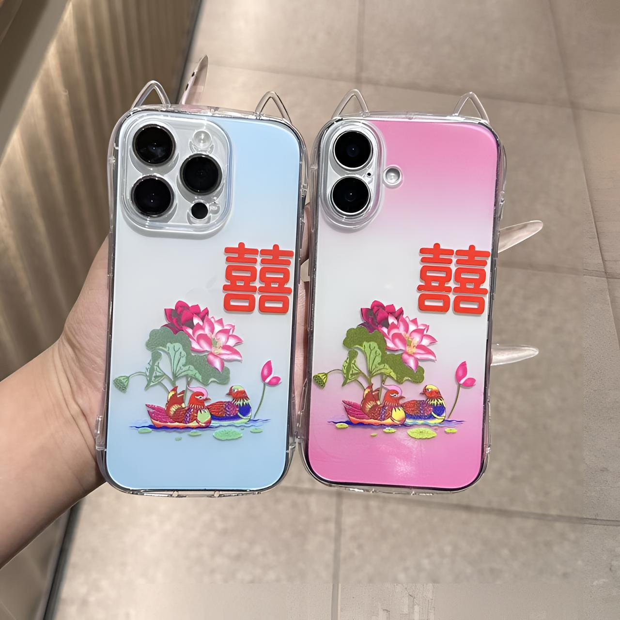 复古囍字鸳鸯情侣适用iPhone17/15/14/13promax手机壳12/11防摔