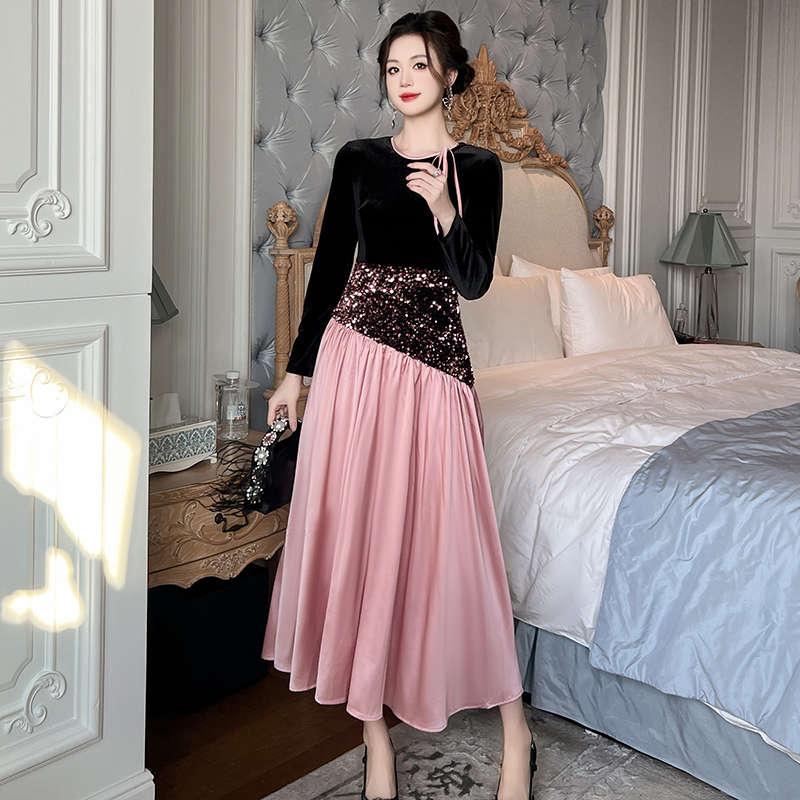 NaiAn/奈安  洋气拼接显瘦气质长袖时尚中长款修身连衣裙 65273