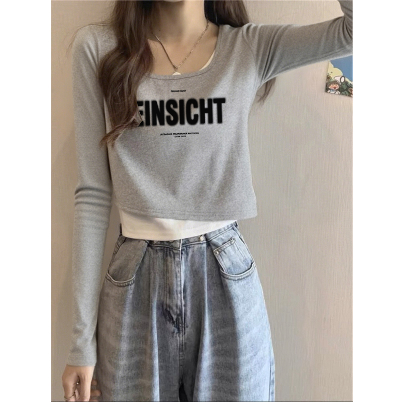 清仓捡漏~2025初秋新款设计感假两件方领长袖T恤女正肩别致打底衫