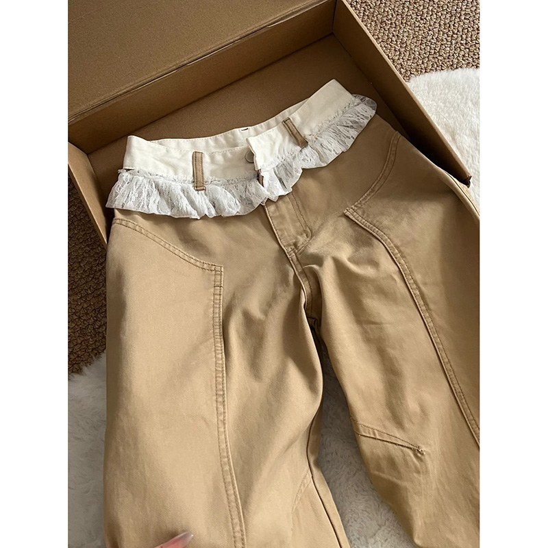 琥珀流光风阔腿牛仔裤女2025早秋新款蕾丝腰头设计宽松显瘦弯刀裤