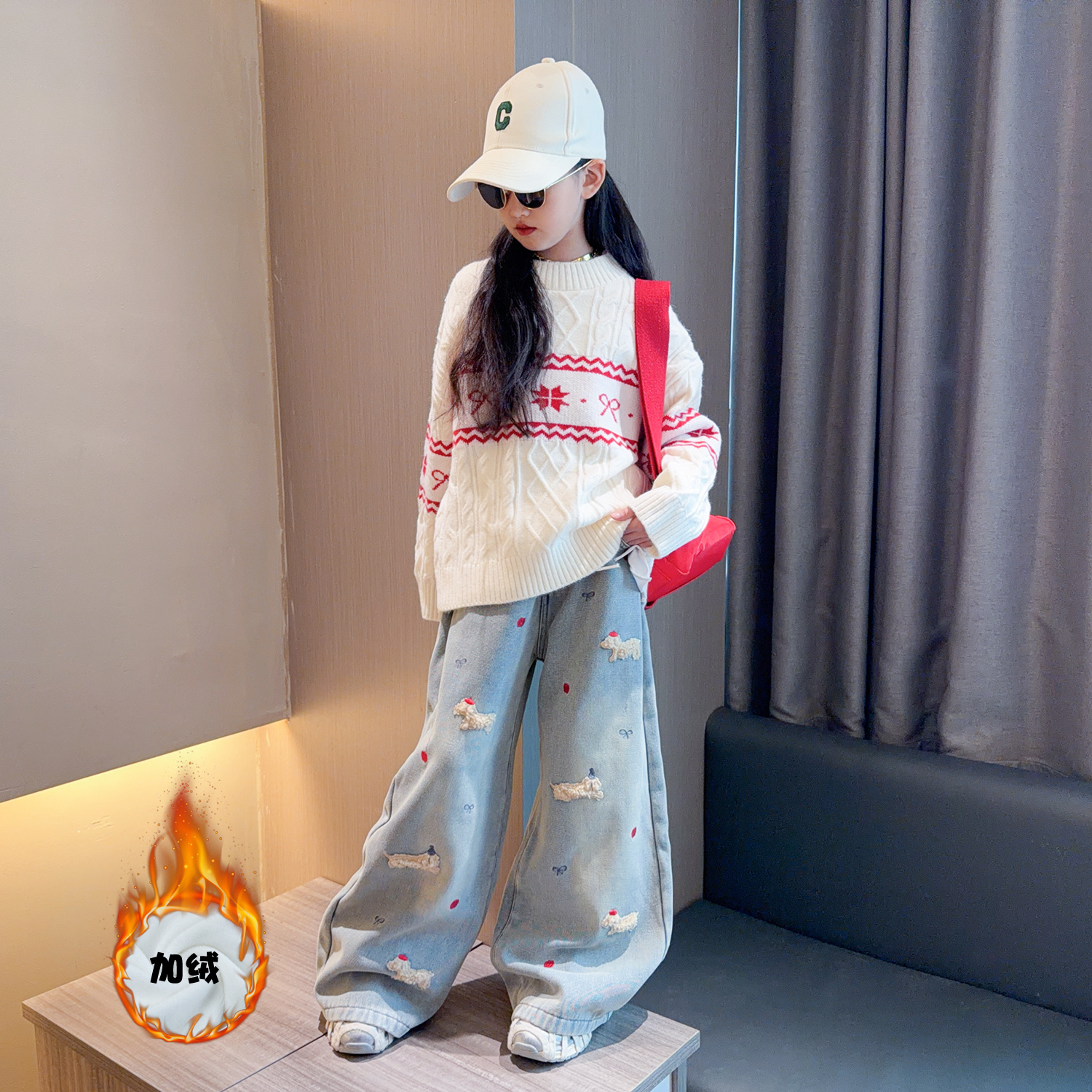 女童冬季加绒牛仔裤2025新款儿童休闲长裤女大童秋冬加厚阔腿裤子