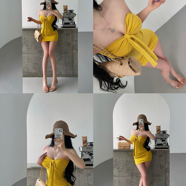 YoungGirlDay欲辣妹性感蝴蝶结系带褶皱收腰抹胸包臀连衣裙短裙