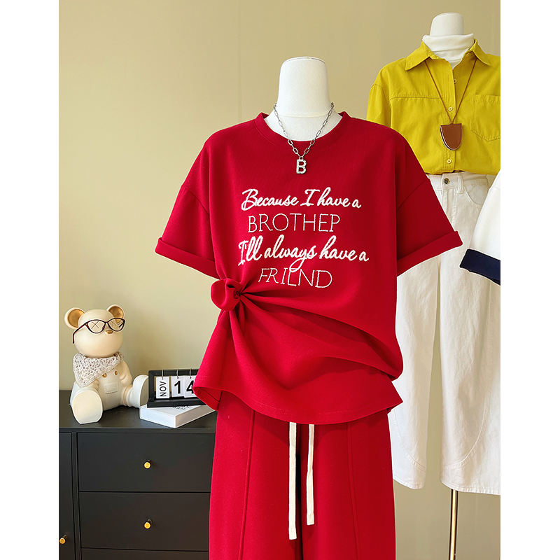 新年红圆领短袖t恤女早春季韩系洋气宽松休闲慵懒风百搭显瘦上衣