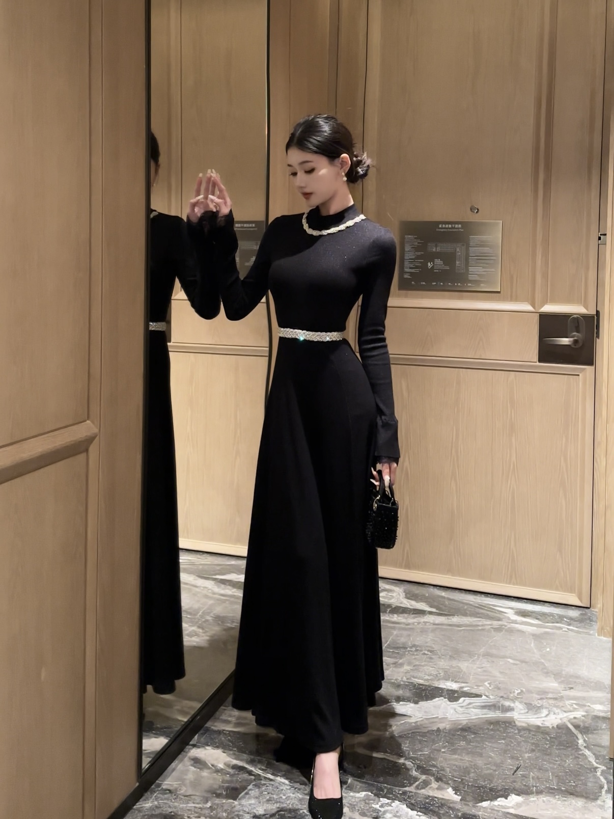 现货春日部【浅枫落日】法式修身气质长裙连衣裙01237