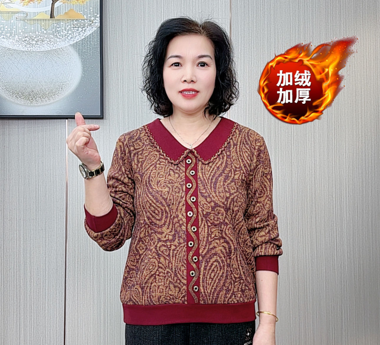 中老年女装冬季烫钻娃娃领加绒保暖显瘦百搭洋气妈妈装长袖上衣