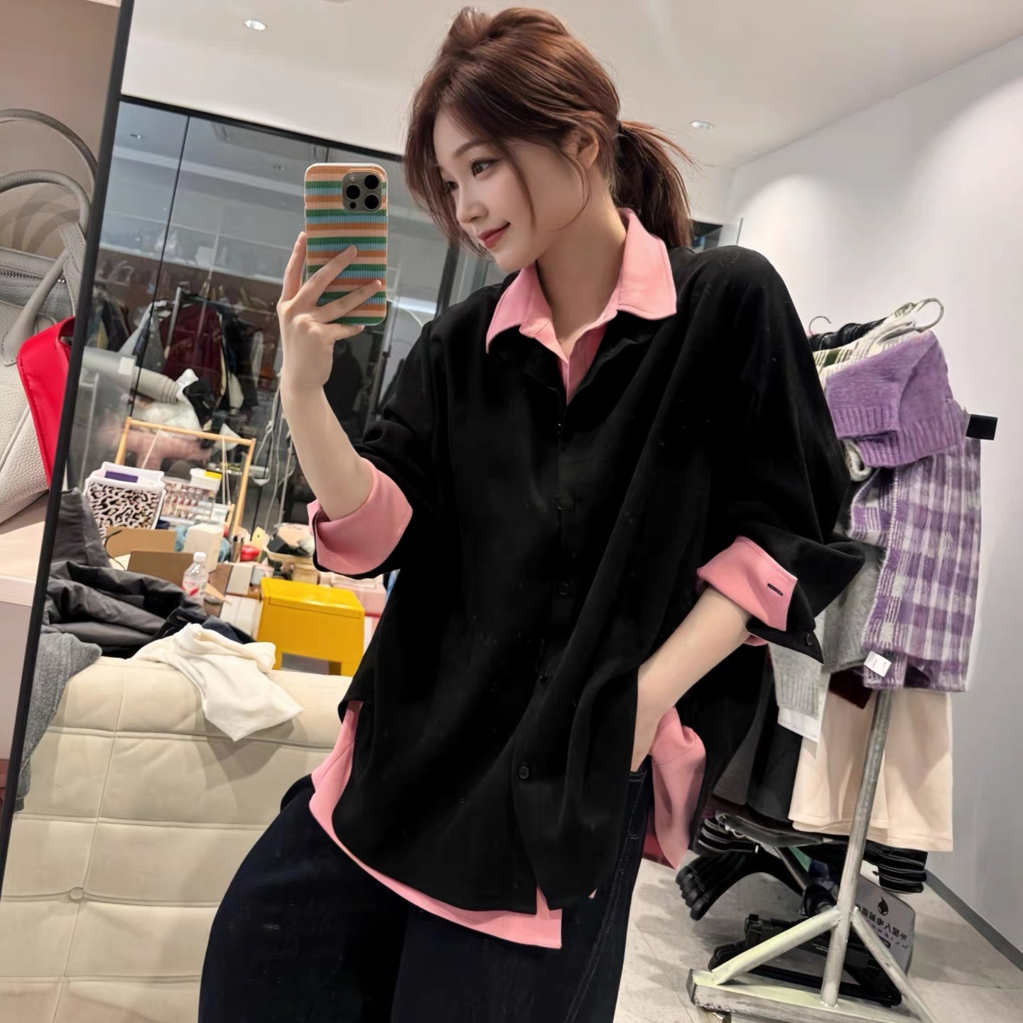 新款大码松弛感宽松polo领撞色上衣通勤风休闲百搭假两件T恤