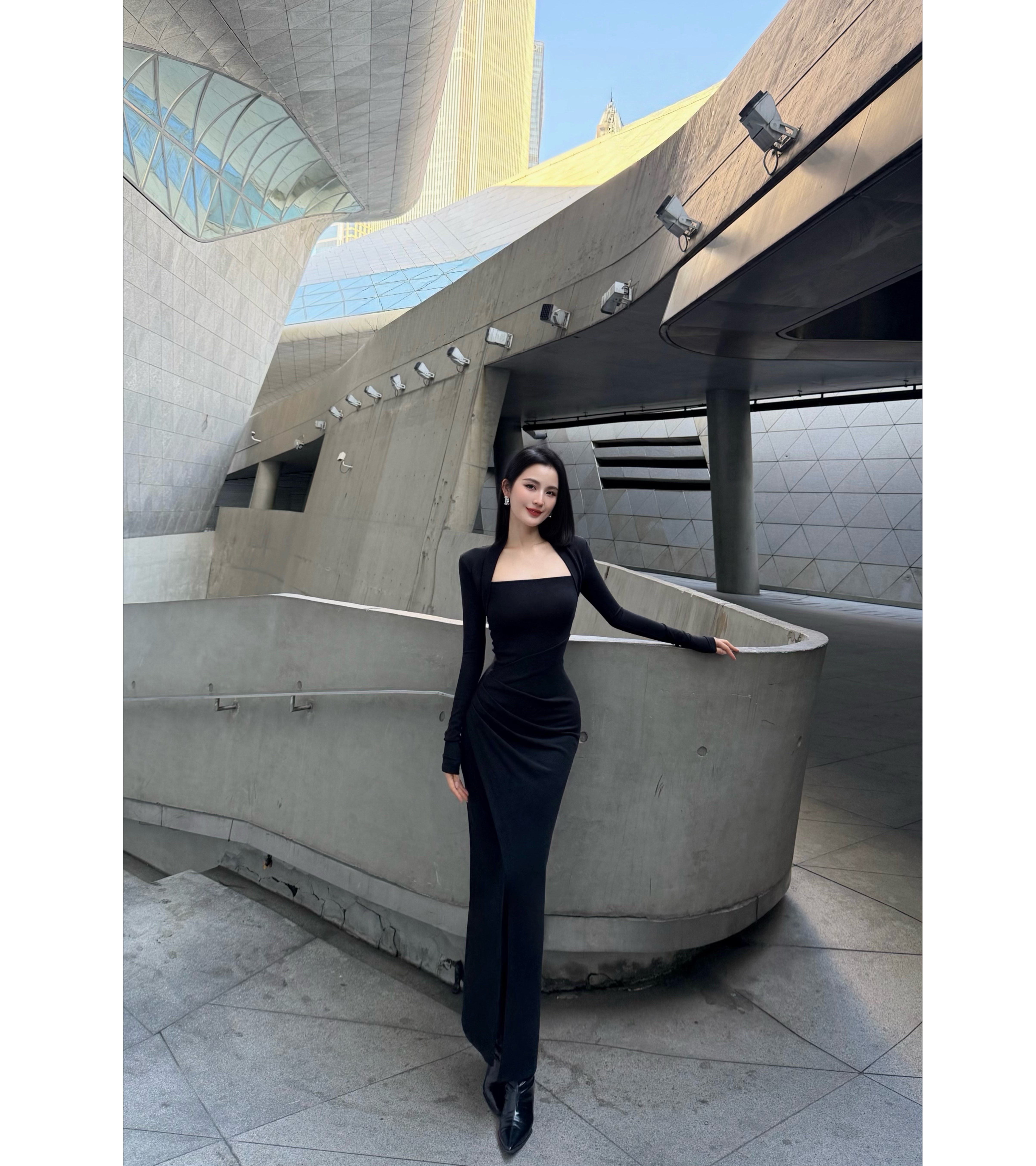 BETTER ME 加绒复古简约修身方领褶皱高腰法式秋冬连衣裙