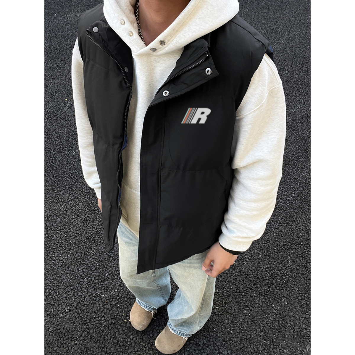 美式高街字母印花立领马甲棉服男冬季休闲外套通勤情侣款无袖马夹