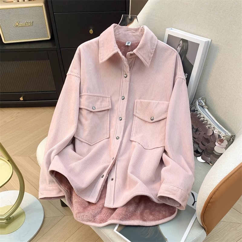 秋冬款一体加绒加厚灯芯绒衬衫女韩版宽松型休闲粉色叠穿保暖衬衣