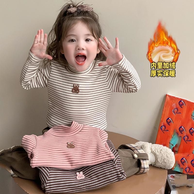 加绒打底衫女儿童一体绒秋冬款新款德绒女宝儿童条纹半高领上衣