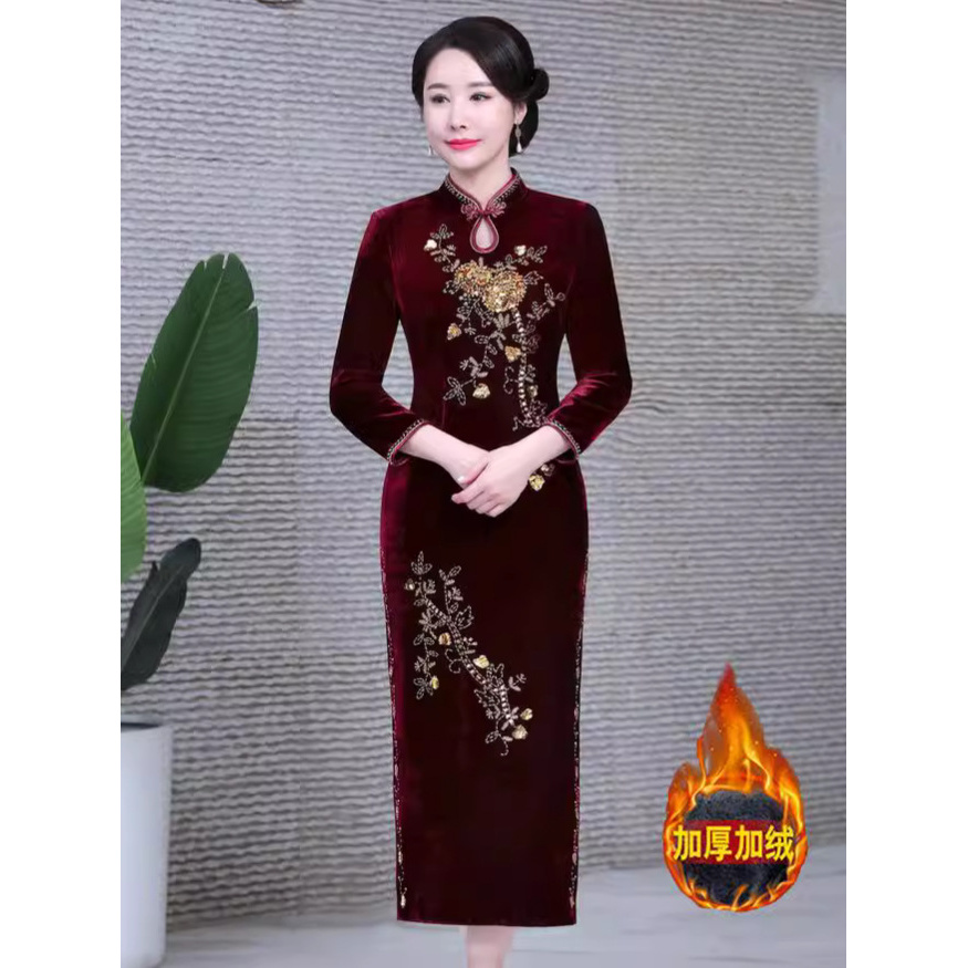 2025秋冬季高端优雅气质金丝绒长旗袍喜婆婆妈妈装礼服连衣裙大码