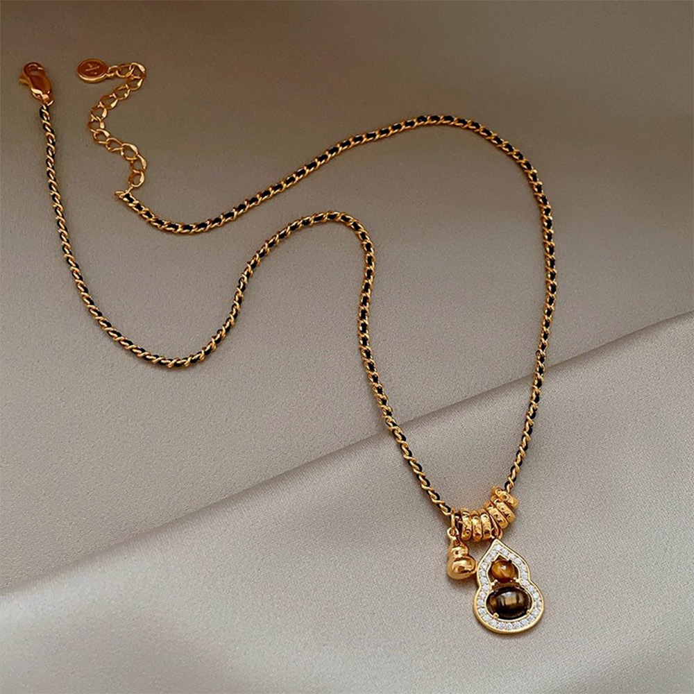 铜合金项链 美拉德复古虎眼石葫芦转珠项链女秋冬福禄好运毛衣链