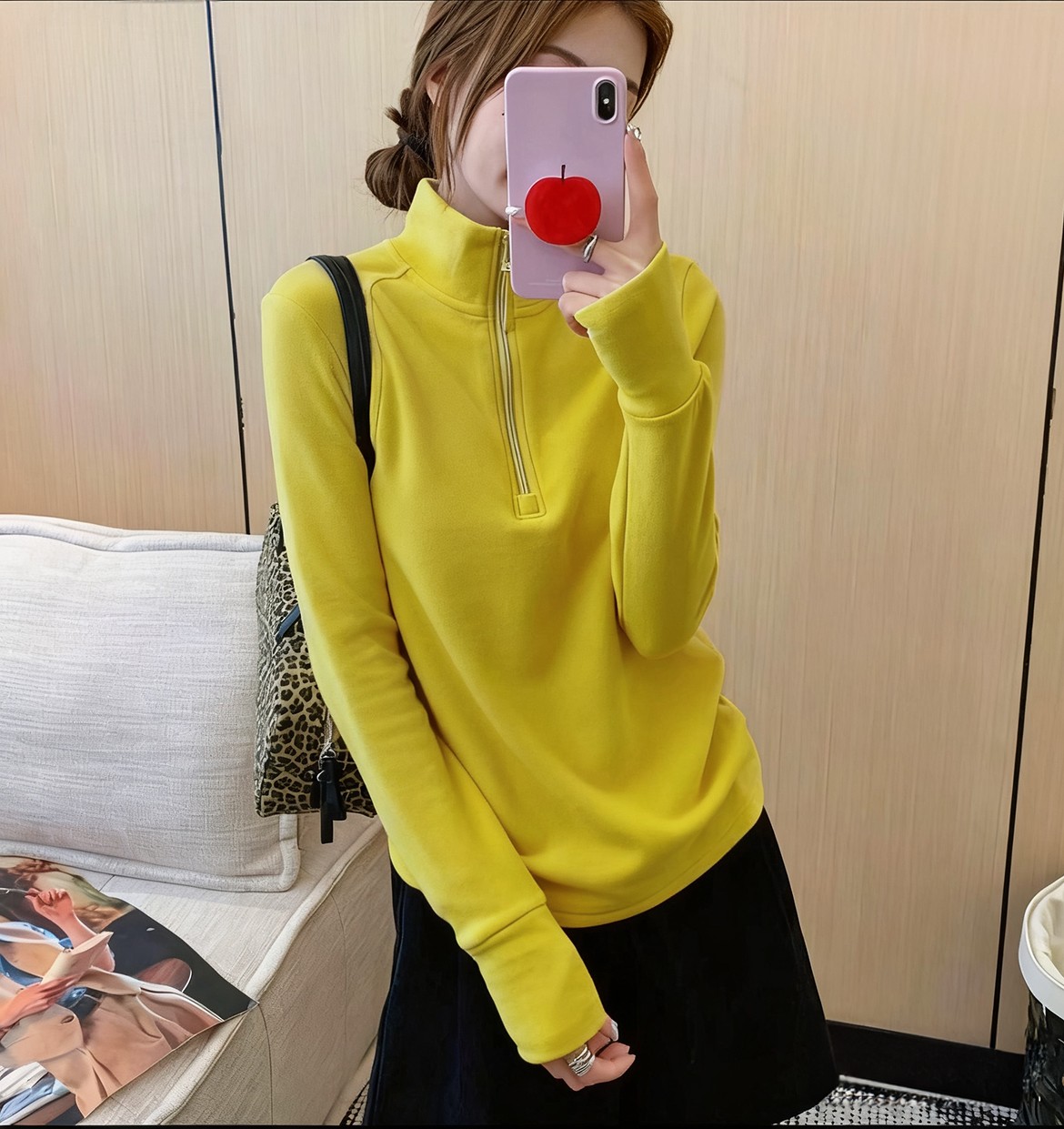 大码德绒自发热锁温半拉链打底衫女秋冬修身百搭立领显瘦纯色上衣