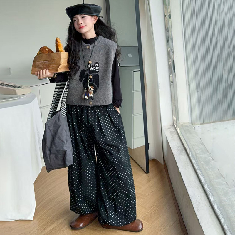 【酷哒仔】女童韩系马甲打底衫波点灯笼裤三件套装2025秋季中大童潮