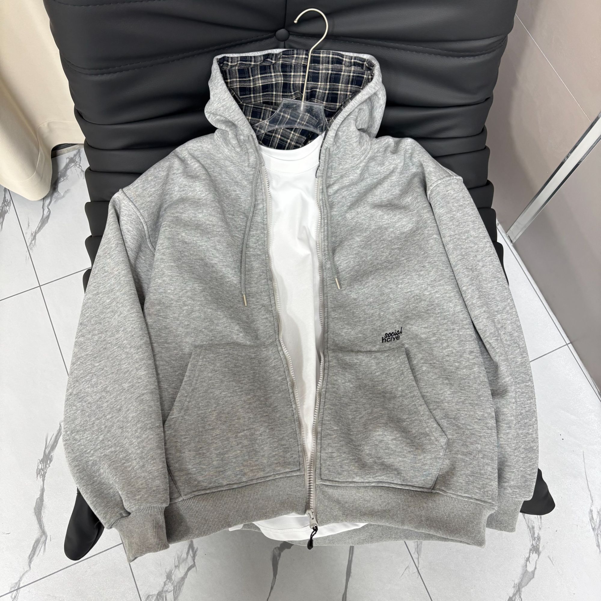 青少年一体绒格子连帽秋冬款外套 K8066 (150-190)