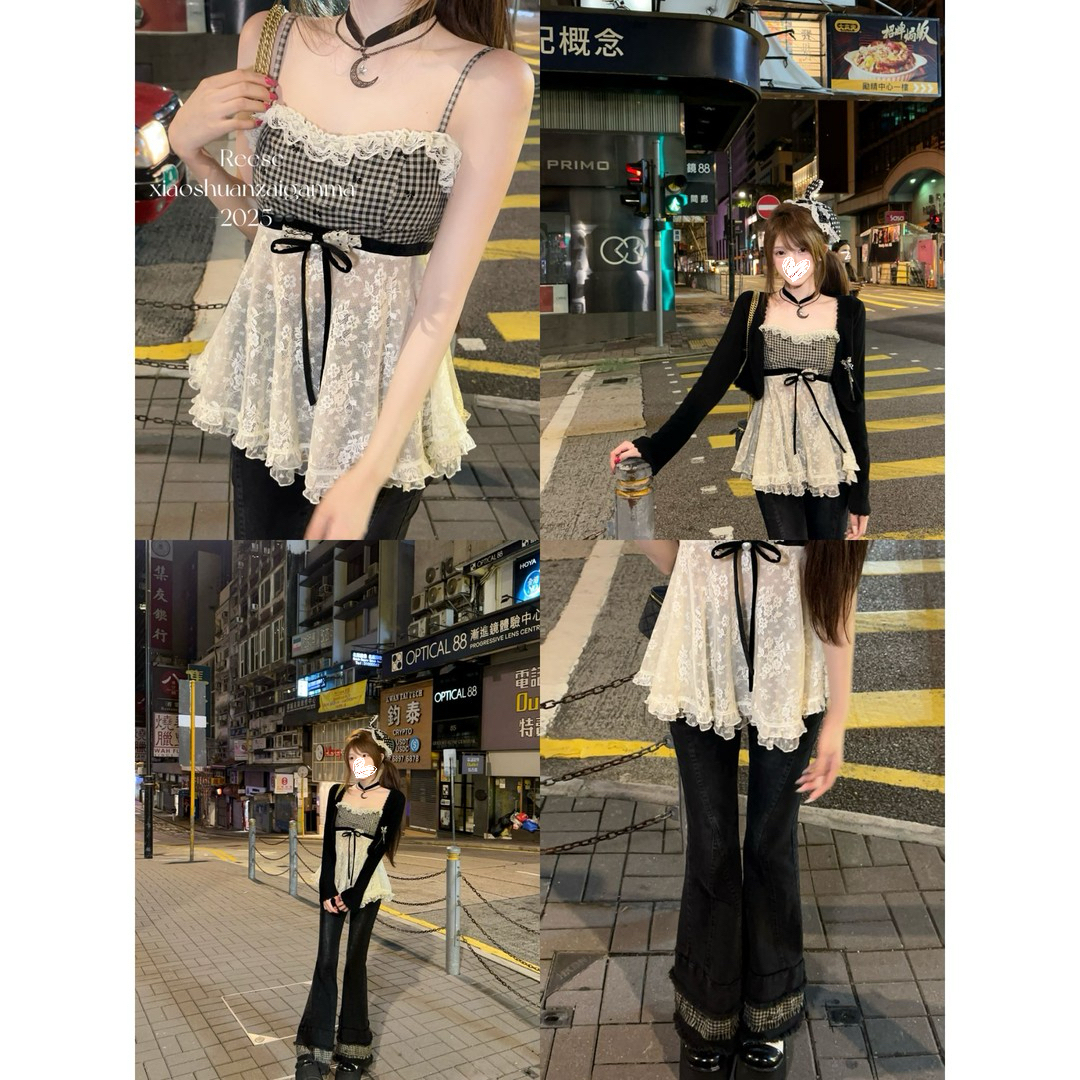 甜辣设计感小众拼接蕾丝格子上衣吊带开衫套装D781