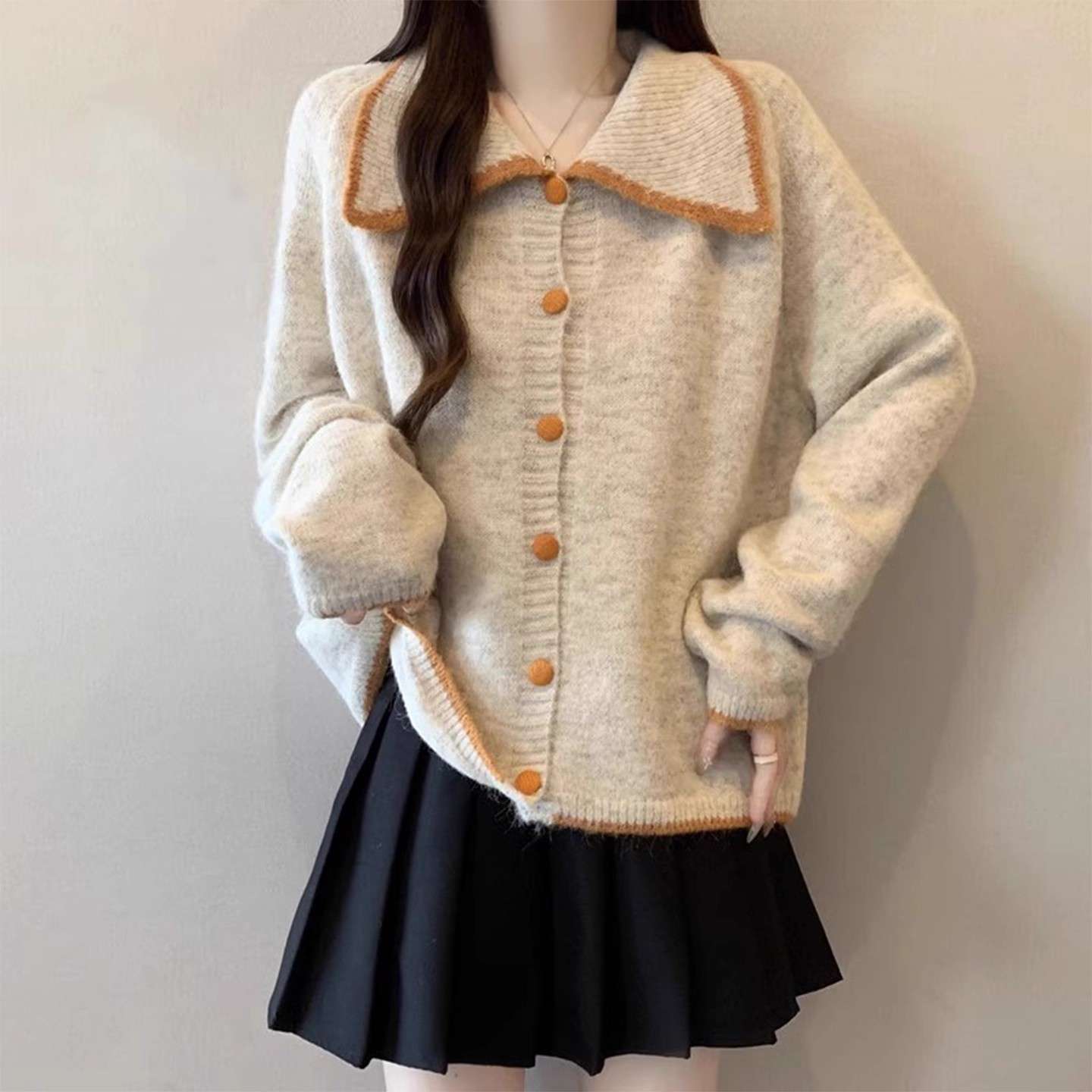 韩系娃娃领正肩针织开衫女2025秋冬新款大码胖mm翻领软糯毛衣外套