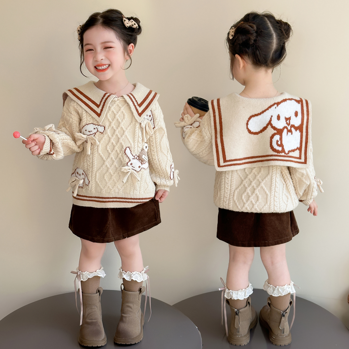 女小童海军领毛衣秋冬款2025新款女宝宝蝴蝶结针织衫儿童韩版上衣