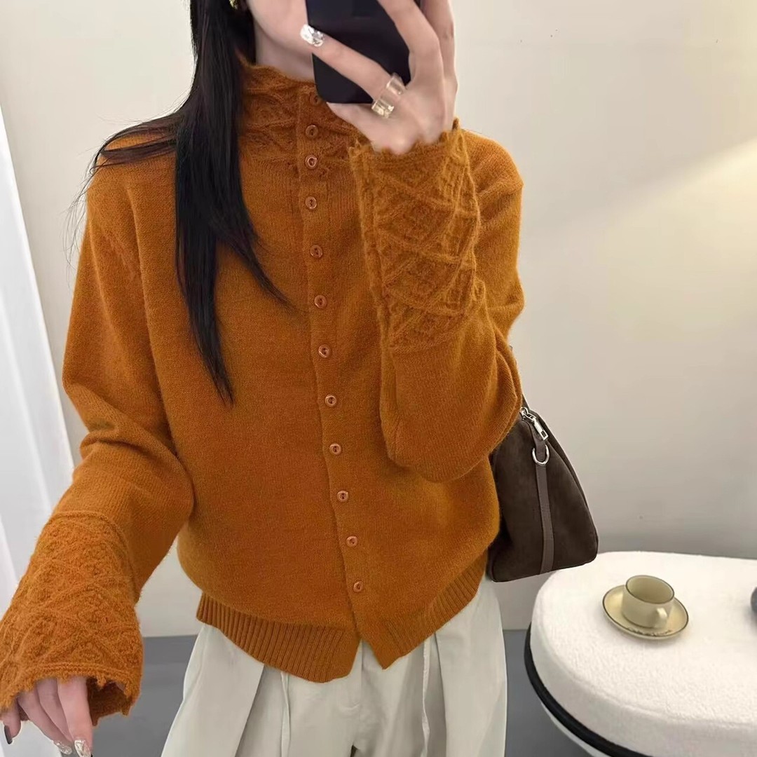 3440镂空钩花秋冬季女时尚开衫毛衣上衣针织衫纯色外套软糯潮