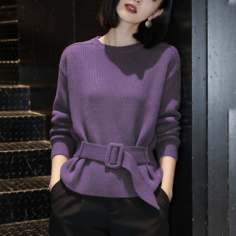 紫色圆领套头毛衣女士秋冬慵懒高级感收腰系带内搭打底针织衫上衣