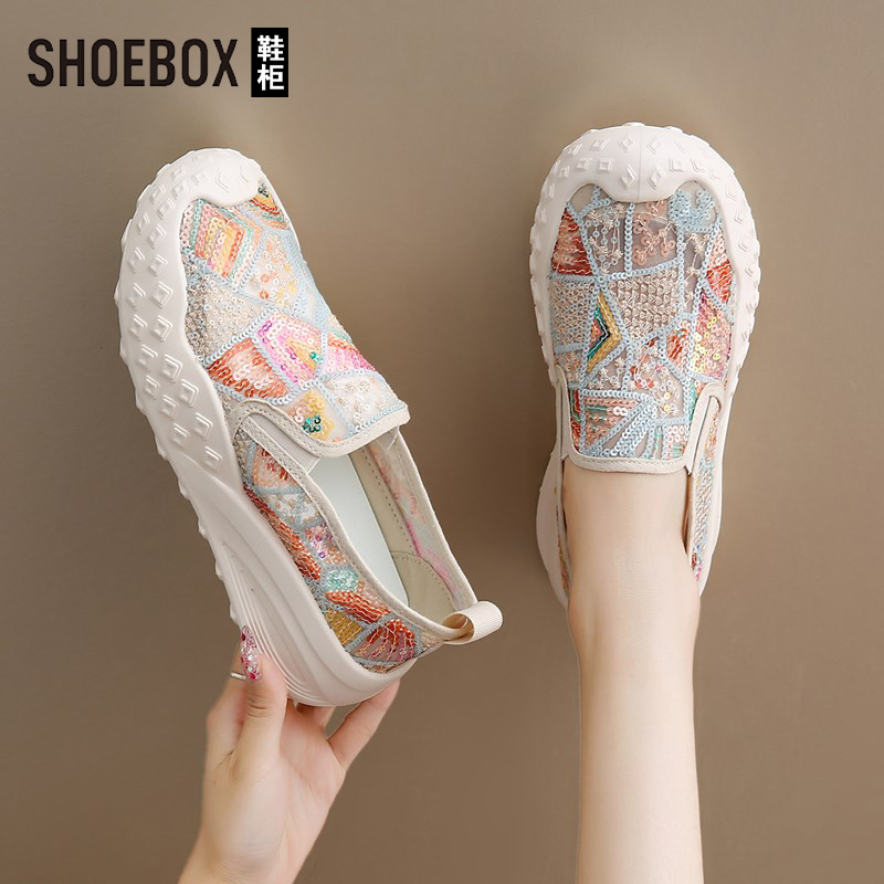 SHOEBOX鞋柜女鞋踩屎感渔夫鞋秋季透气亮片网鞋不累脚软底布鞋
