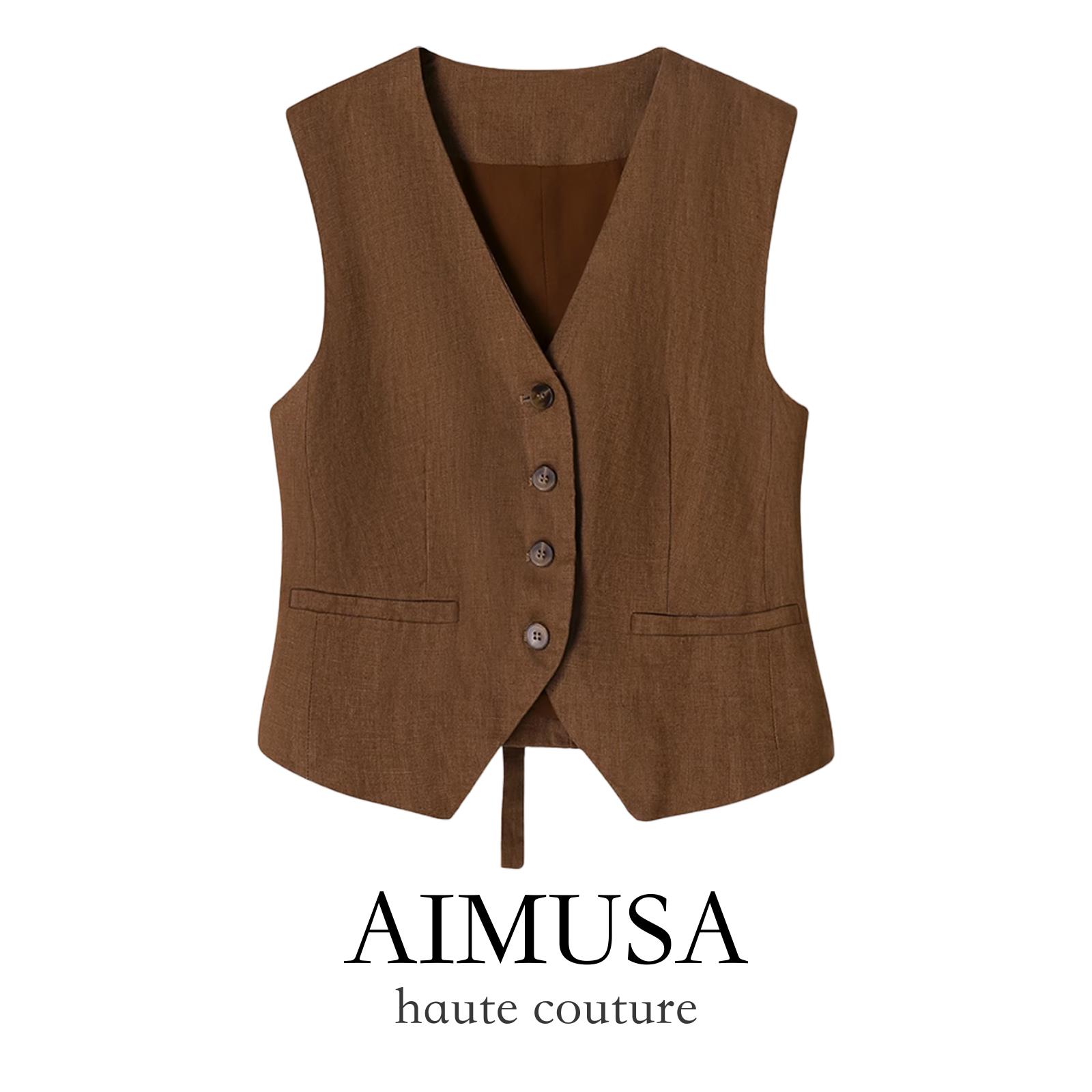 AIMUSA 25春夏老钱风乌木棕亚麻马甲背心女夏季薄款时髦单穿马夹
