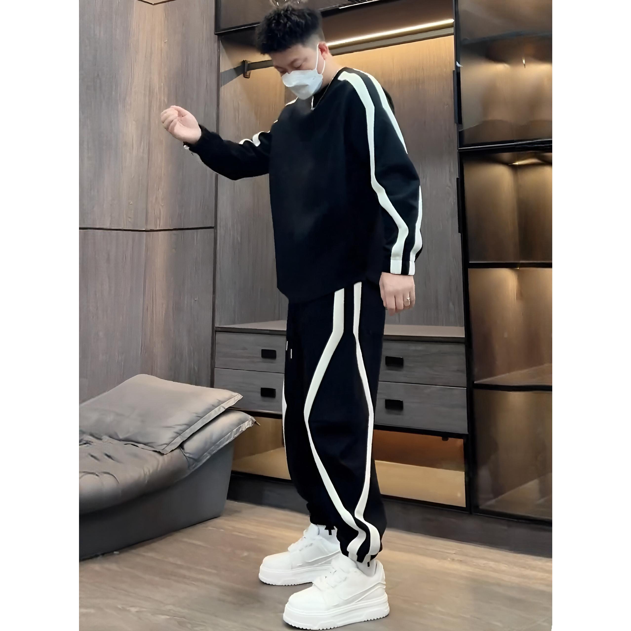 条纹拼接圆领运动衫和运动裤两件套男士时尚高端宽松运动休闲套装